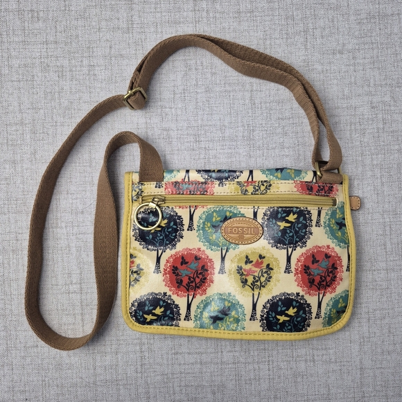 Fossil Key-Per Vintage Crossbody Bag Coated Canvas Tree Bird Nature Print Y2K - Picture 2 of 13